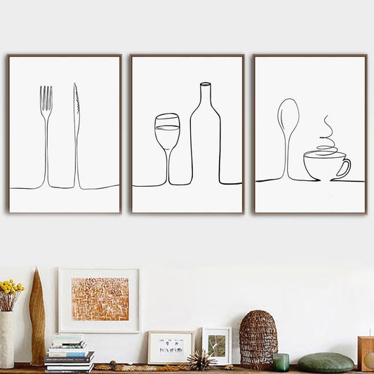 Minimalist Food & Drink Kitchen Canvas Print | Black and White Line Art  For Coffee Shop Restaurant Tea Room Home Interior Décor