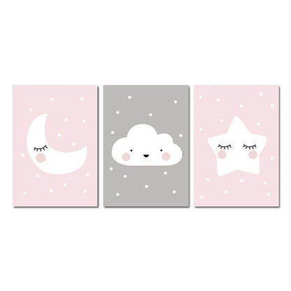 Pink Moon Star Cloud Canvas Prints | Cute Minimalist Posters For Kid's Bedroom Nursery Wall Art Decoration