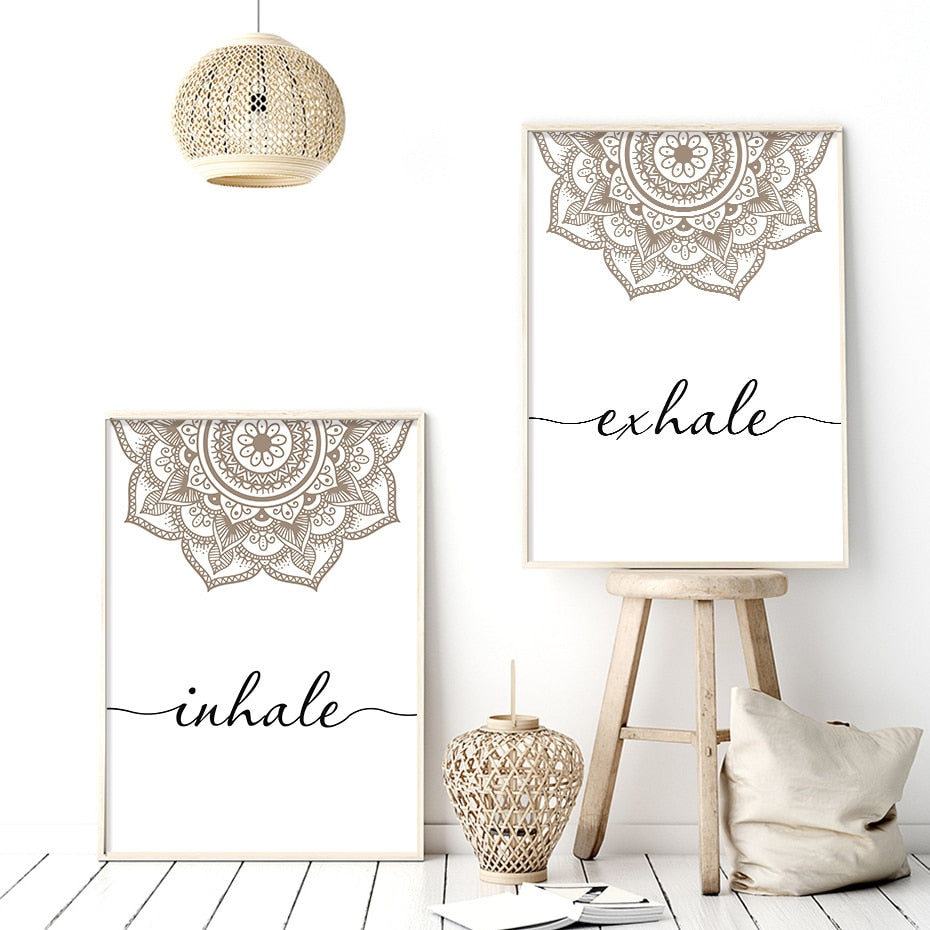 Scandinavian Floral Mandala Wall Art Inhale Exhale Quotation Posters For Meditation Yoga Inspirational Minimalist Nordic Canvas Print Home Decor