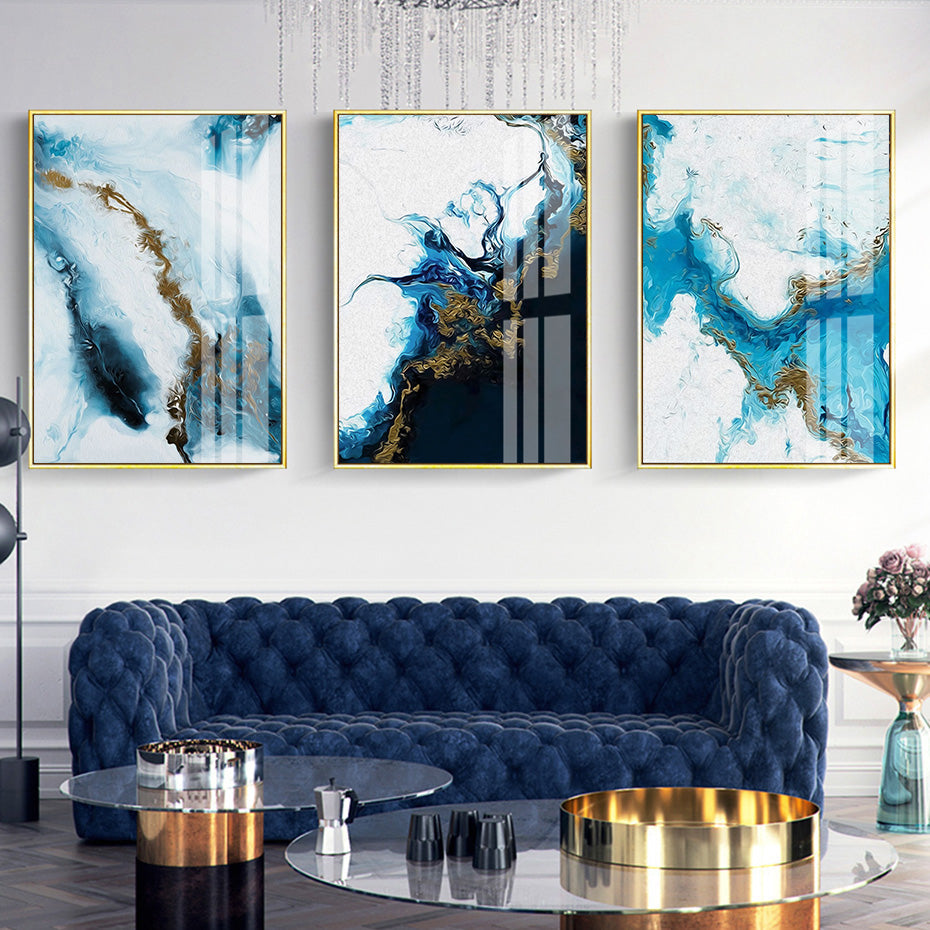 Blue Golden Liquid Marble Wall Art Fine Art Canvas Print Nordic Abstract For Luxury Living Room Bedroom Art Decor