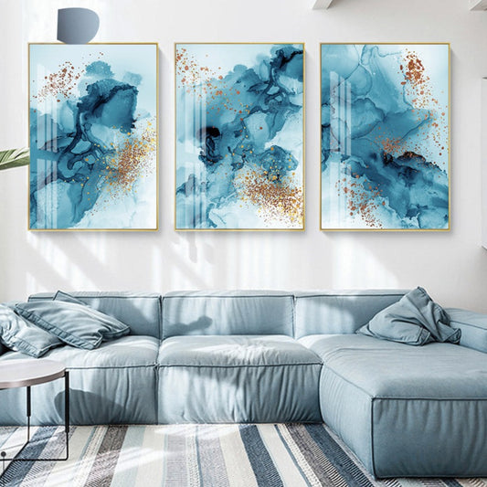 Golden Blue Splash Liquid Abstract Wall Art Fine Art Canvas Prints Modern Pictures For Luxury Living Room Bedroom Office Art Decor