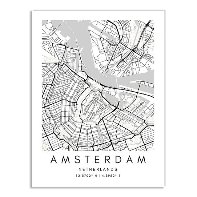 London Paris New York City Map Canvas Print Minimalist Black White Nordic Style Home Office Interior Decor