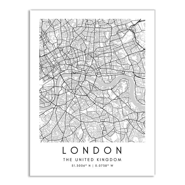 London Paris New York City Map Canvas Print Minimalist Black White Nordic Style Home Office Interior Decor