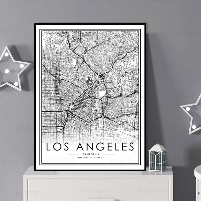 Los Angeles California City Map Canvas Print Black White Fine Art Modern Minimalist Travel Poster For Living Room Bedroom Home Office Art Decor