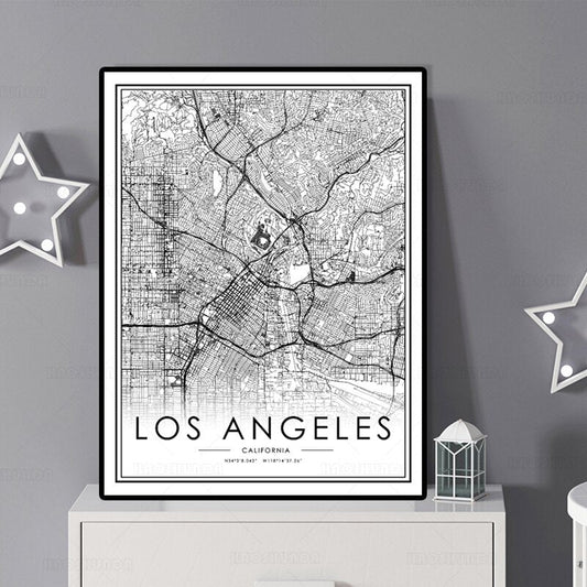 Los Angeles California City Map Canvas Print Black White Fine Art Modern Minimalist Travel Poster For Living Room Bedroom Home Office Art Decor