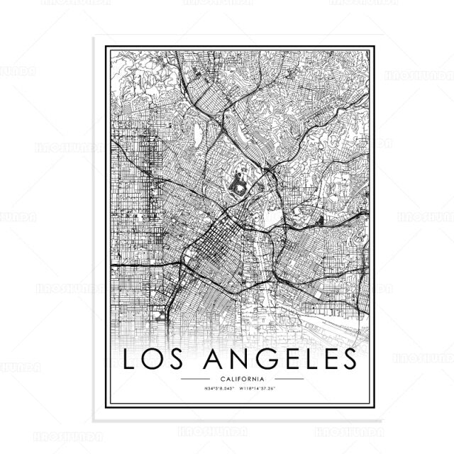 Los Angeles California City Map Canvas Print Black White Fine Art Modern Minimalist Travel Poster For Living Room Bedroom Home Office Art Decor