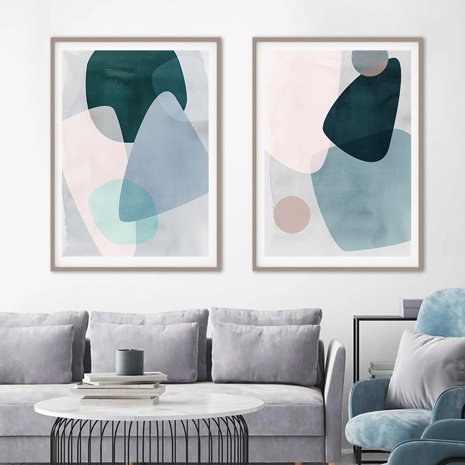 Pastel Geometric Curves Blue Gray Pink Wall Art Fine Art Canvas Prints Modern Abstract For Living Room Bedroom Scandinavian Style Home Art Decor