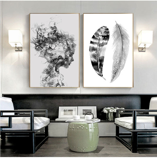 Minimalist Feathers Wall Art Black White Fine Art Canvas Prints Modern Pictures For Scandinavian Living Room Bedroom Art Decor