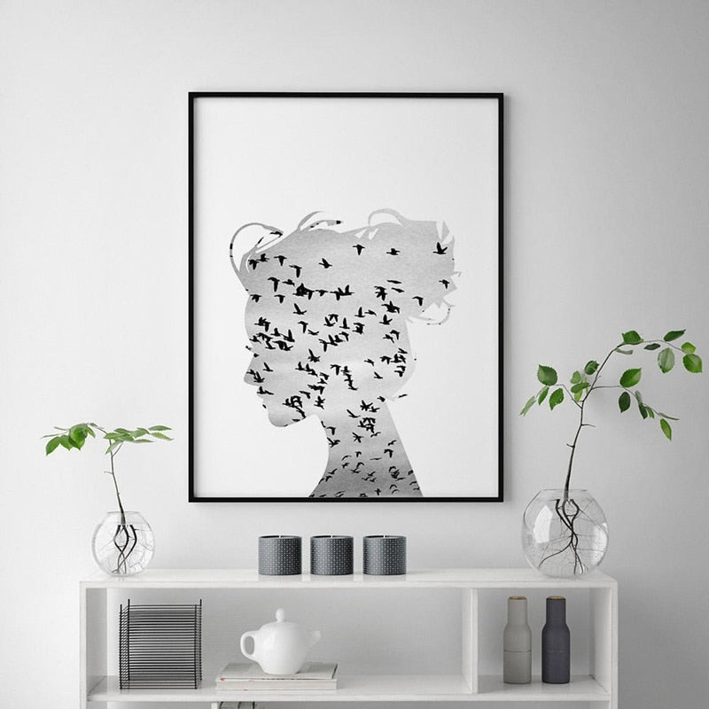 Black And White Birds Flying Silhouette Of Girl Canvas Print | Nordic Minimalist Wall Art For Living Room Bedroom Scandinavian Home Decor