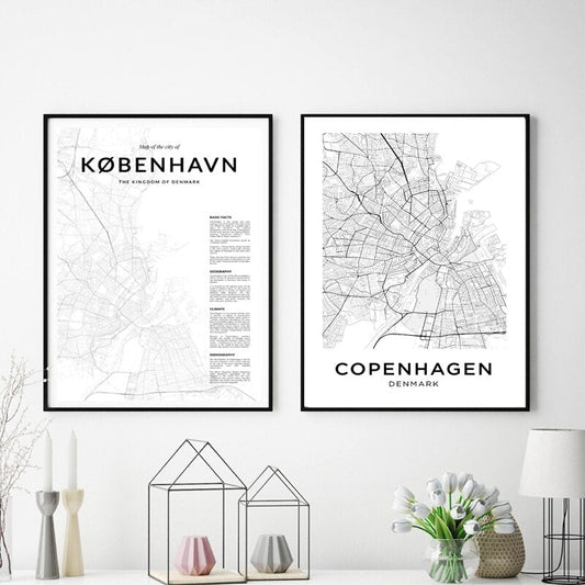 Copenhagen City Map Black White Canvas Print Minimalist Scandinavian Travel Poster For Bedroom Living Room Home Office Art Decor