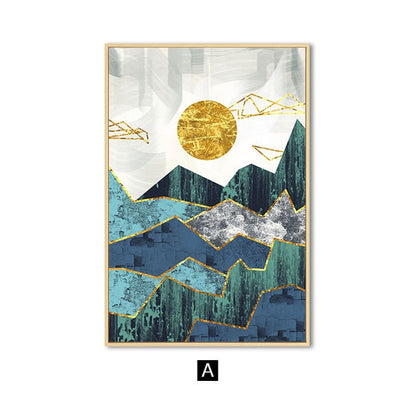 Abstract Mountain Landscape Blue Golden Canvas Prints | Nordic Wall Art For Modern Home Décor