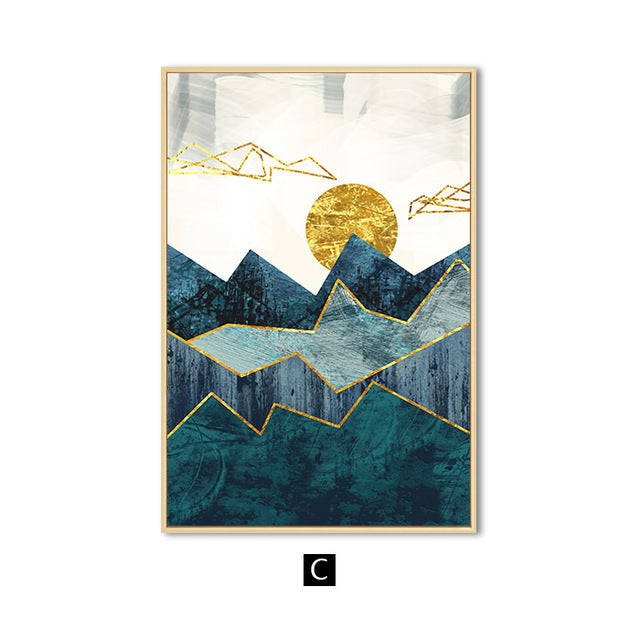 Abstract Mountain Landscape Blue Golden Canvas Prints | Nordic Wall Art For Modern Home Décor