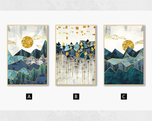 Abstract Mountain Landscape Blue Golden Canvas Prints | Nordic Wall Art For Modern Home Décor