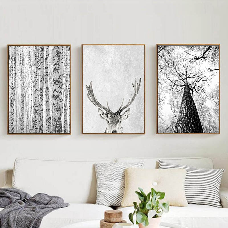 Black And White Scandinavian Winter Woodland Canvas Prints | Nature Deer Silver Birch Forest Wall Art For Living Room Dining Room Décor