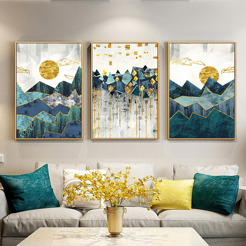 Abstract Mountain Landscape Blue Golden Canvas Prints | Nordic Wall Art For Modern Home Décor