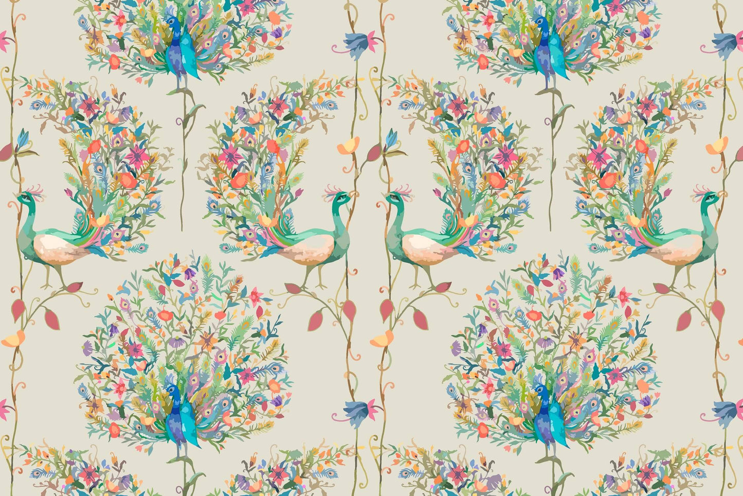 Peacock and Flowers Watercolor Mural Wallpaper (SqM)
