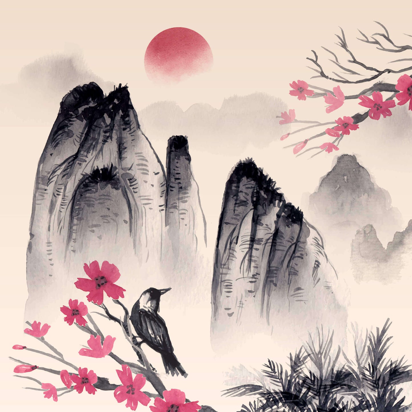 Japanese Sakura Landscape Watercolor Mural Wallpaper (SqM)